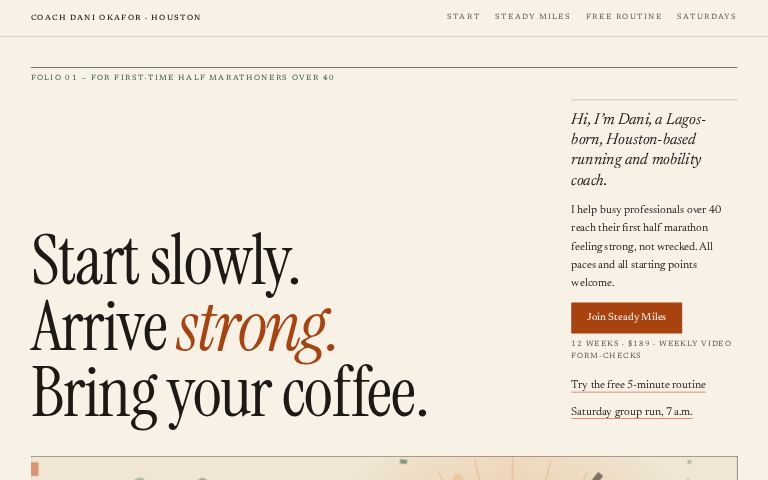 Coach Dani Okafor · Quiet Miles website template