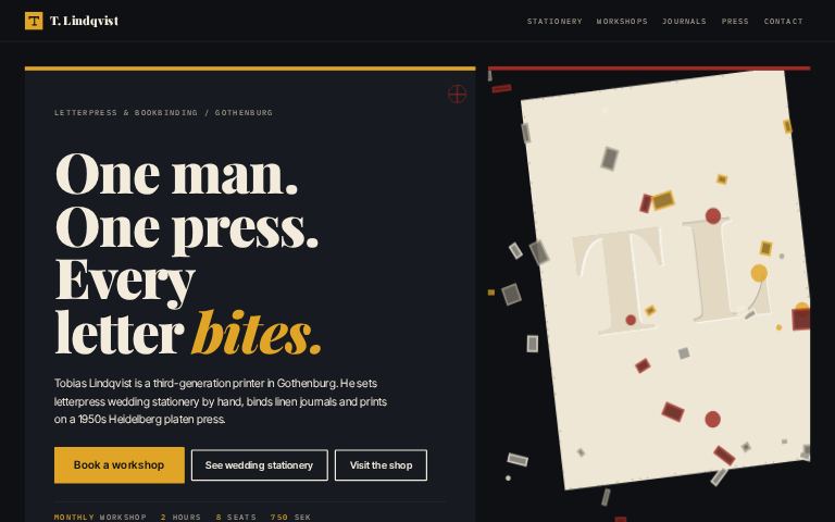 Tobias Lindqvist, Letterpress & Bookbinding · Black Impressi website template