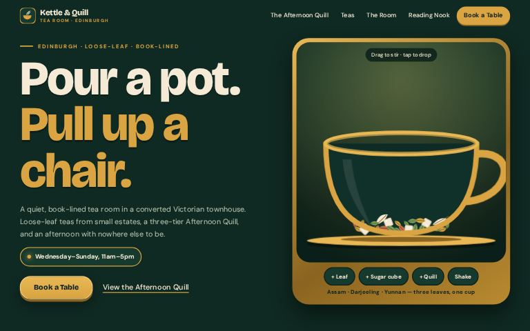 Kettle & Quill Tea Room · Tea Tin Tumble website template