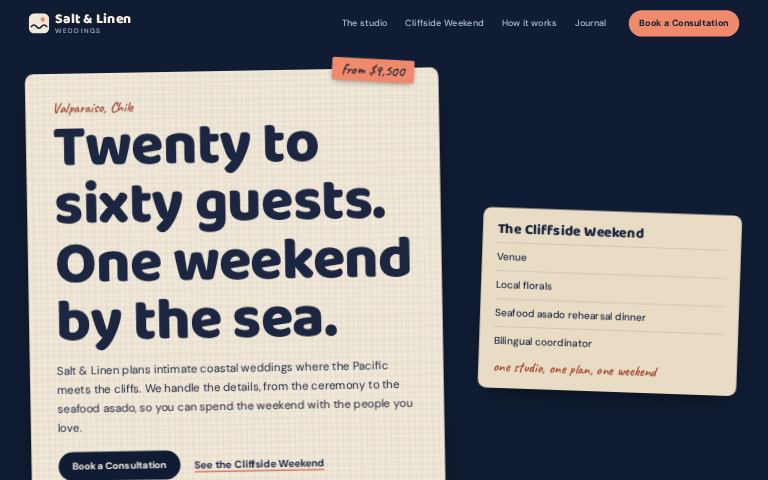 Salt & Linen Weddings · Tidepool Deck website template