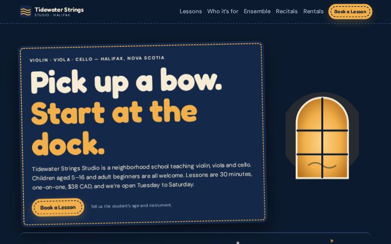 Tidewater Strings Studio · Harbour Deck website template