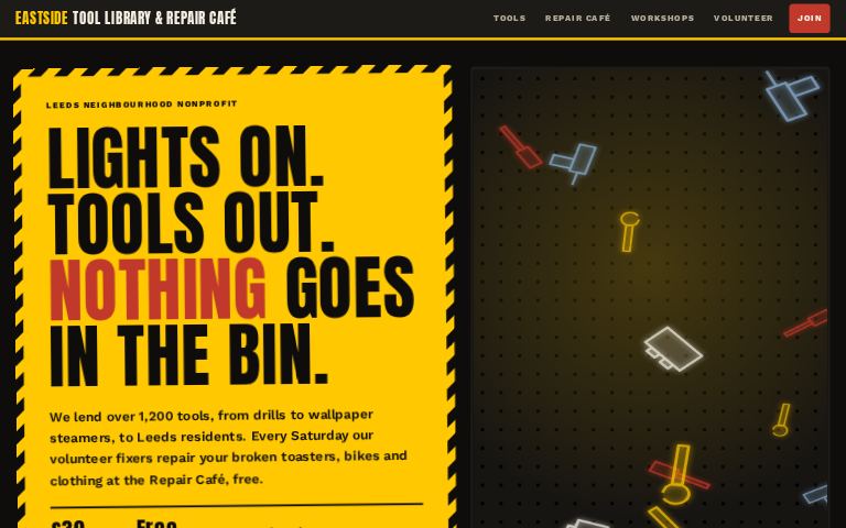 Eastside Tool Library & Repair Cafe · Night Shift Pegboard website template