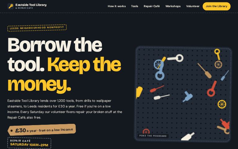 Eastside Tool Library & Repair Cafe · Pegboard Deck website template