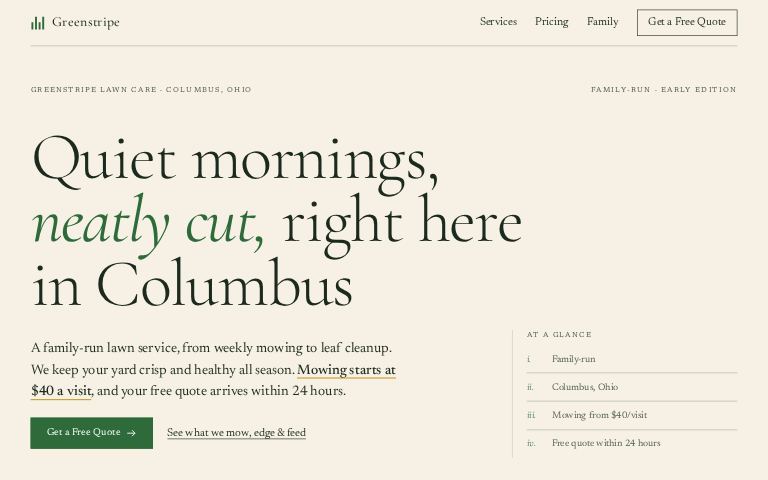 Greenstripe Lawn Care · The Quiet Stripe website template
